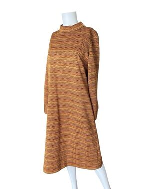Vintage Semon Frelich Shift Dress Long Sleeve Jacquard Knit Orange Blue